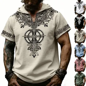 Camiseta de lino para hombre con capucha y manga corta con estampado de árbol rúnico celt.