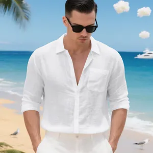 Men's white linen long sleeve casual shirt front detail view on sunny beach background