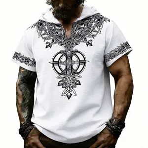 Camisa de manga corta con capucha y estampado de runas retro para hombre con diseño.