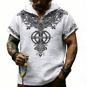 Camiseta de lino para hombre con capucha manga corta y estampado rúnico vintage.