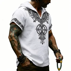 Camiseta hombre verano lino slub con capucha manga corta detalle grafico runas nordicas