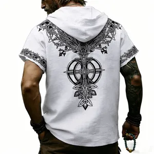 Camisa de lino para hombre con capucha manga corta y estampado de runas en blanco