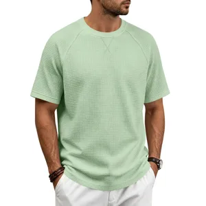 Men's casual waffle knit short sleeve t-shirt, breathable crew neck solid top detail.