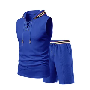 Men's summer sportswear set, blue sleeveless hooded vest and matching shorts with stylish stripes.