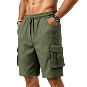 Pantalones cortos cargo de verano para hombre con múltiples bolsillos y cordón.
