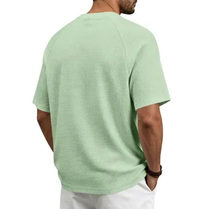 Back view detail of men casual waffle short sleeve t-shirt in light green comfortable wear