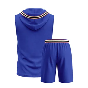 Back view of a blue sleeveless hooded vest and shorts set with striped trim details.