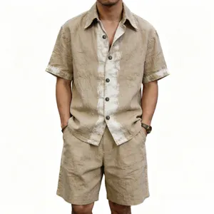Men's casual linen short-sleeve shirt and shorts two-piece set, breathable summer beach wear.