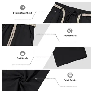 Vista detallada de la cintura bolsillos tela y puños del pantalón de lino para hombre.
