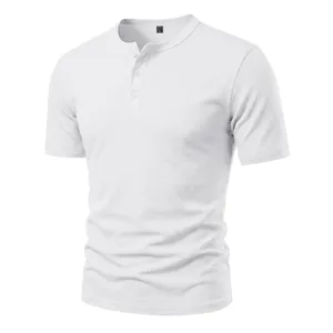 Men's short sleeve henley shirt slim fit casual solid color cotton t-shirt detail view.