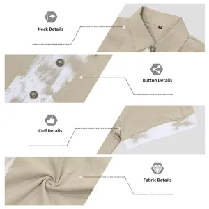 Detailed close-up of men casual linen shirt collar, button, cuff and fabric texture.