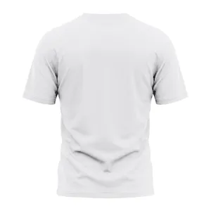 Back view detail of casual plain white short sleeve t-shirt showing clean slim fit fabric.
