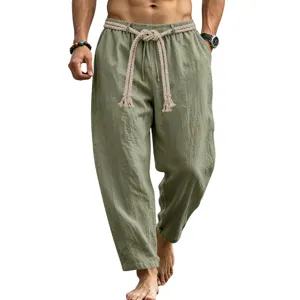 Pantalón informal de lino para hombre verano transpirable pierna recta con cordón