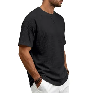 Men's casual solid color crew neck waffle knit short sleeve breathable T-shirt detail view.
