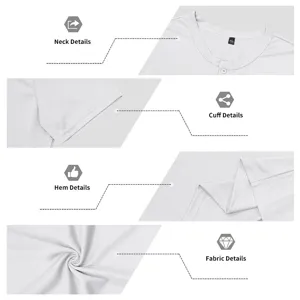 Close-up details of white short sleeve henley shirt showing neck, cuff, hem and breathable fabric.