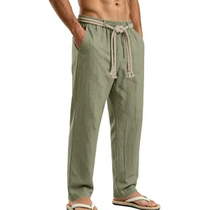 Pantalon casual de lino para hombre verano transpirable playa vacaciones cordon recto