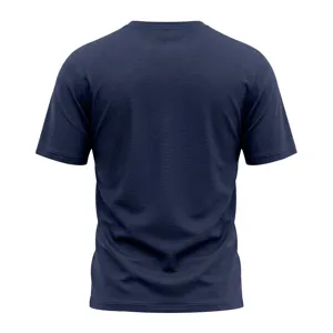 Back view detail of casual solid dark blue men's short sleeve t-shirt for daily wear.