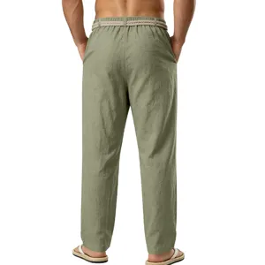 Pantalón casual de lino para hombre en verde oliva con cordón ajustable de verano.