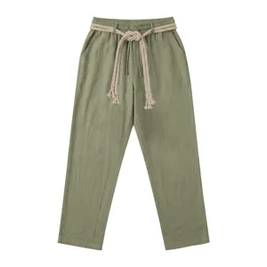 Pantalón casual de lino para hombre corte recto verano ligero transpirable con cinturón trenzado