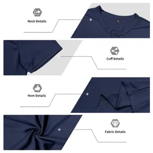 Men's short sleeve Henley t-shirt detail showing breathable fabric, collar and cuffs.