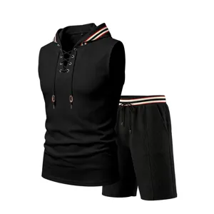 Men's summer casual sleeveless hooded t-shirt shorts sportswear set black athletic outfit