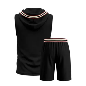 Men's casual black sleeveless hooded vest and shorts tracksuit set with retro striped rib trim.