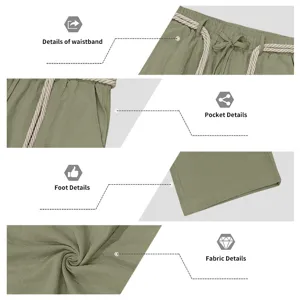 Vista de detalles de cintura, bolsillos y tela de los pantalones casuales para hombre.