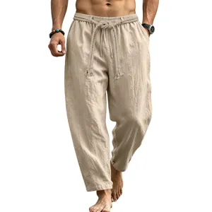Pantalón recto casual de lino para hombre con cordón en caqui claro ropa de verano