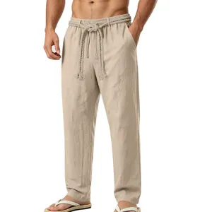 Pantalones casuales de lino para hombre verano playa vacaciones con cordón recto.