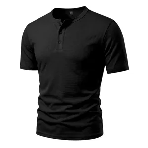 Men's solid color short sleeve Henley shirt casual slim fit summer top with buttons.