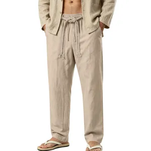 Pantalones casuales de lino para hombre verano playa transpirable cordón recto vacaciones