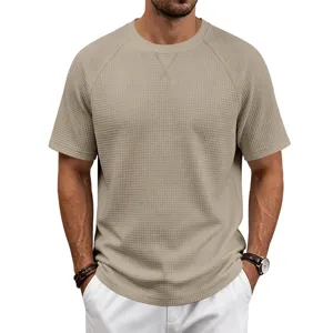 Men's casual waffle knit short sleeve t-shirt, breathable solid color crewneck top.
