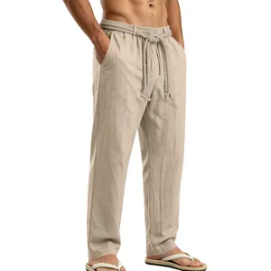 Pantalon casual de lino hombre transpirable verano playa cordon recto largo pantalon