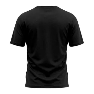 Back view detail of plain black short sleeve t-shirt for men, comfortable casual daily wear.