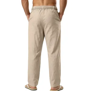 Pantalón de lino hombre verano transpirable cordón ajuste recto vacaciones casual