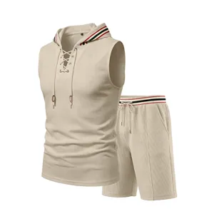 Summer mens sleeveless hooded vest and shorts sportswear set casual jacquard outfit