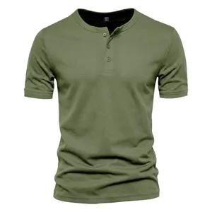 Mens military green short sleeve henley shirt, casual slim fit breathable summer top.