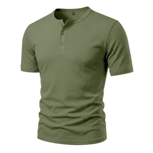 Men's army green short sleeve Henley t-shirt slim fit casual textured casual shirt top