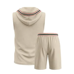 Back detail of beige sleeveless hooded vest and shorts set with waffle knit and striped trim.