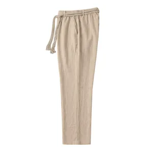 Pantalón lino hombre vista detalle, pantalón recto verano transpirable con cinturón