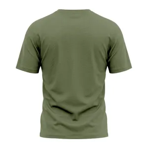 Back view detail of solid army green men short sleeve t-shirt, clean knit fabric.