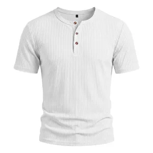 Detailed close-up view of a classic white ribbed short-sleeve Henley shirt with buttons.