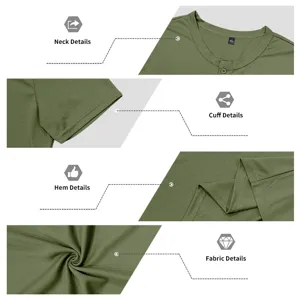 Men's solid color short sleeve henley t-shirt detail view, casual slim fit style, army green.