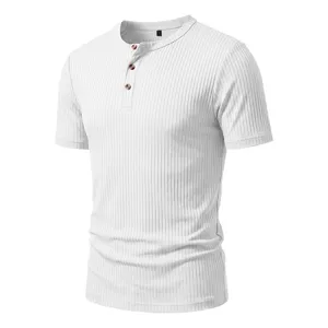 Men's white ribbed short sleeve Henley t-shirt with three button placket casual top detail.