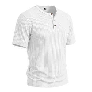 Men's white ribbed short sleeve Henley t-shirt detail showing textured fabric and buttons.