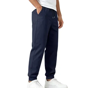 Men's casual navy blue sweatpants cuffed joggers with drawstring waist and deep pockets.