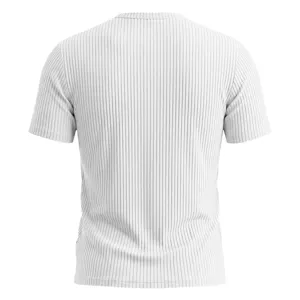 Men's white ribbed short sleeve T-shirt back view, casual slim fit summer basic top apparel.