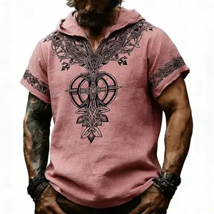 Camiseta con capucha de manga corta con estampado de runas nórdicas vintage para hombre