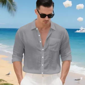Men's casual loose linen long-sleeve lapel shirt in solid grey for daily wear and travel.