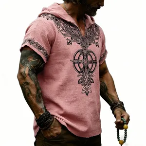 Camiseta de lino con capucha y manga corta para hombre con estampado de runas vikingas casual